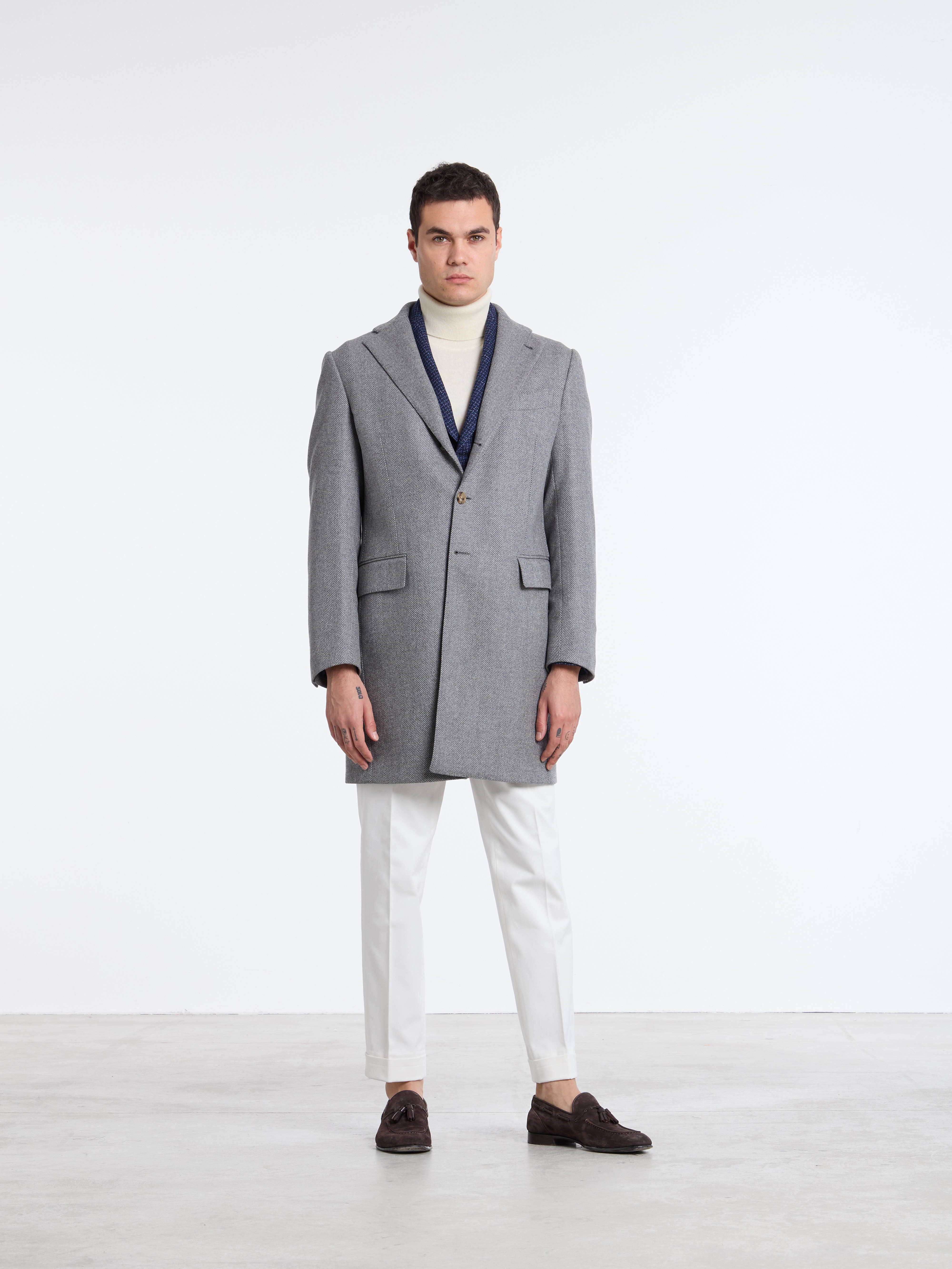 SINGLE-BREASTED WOOL/CASHMERE HERRINGBONE COAT - GREY - LUIGI